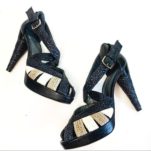 Stuart Weitzman Black Bradford Weave Heels Sz 7.5M - Picture 12 of 13